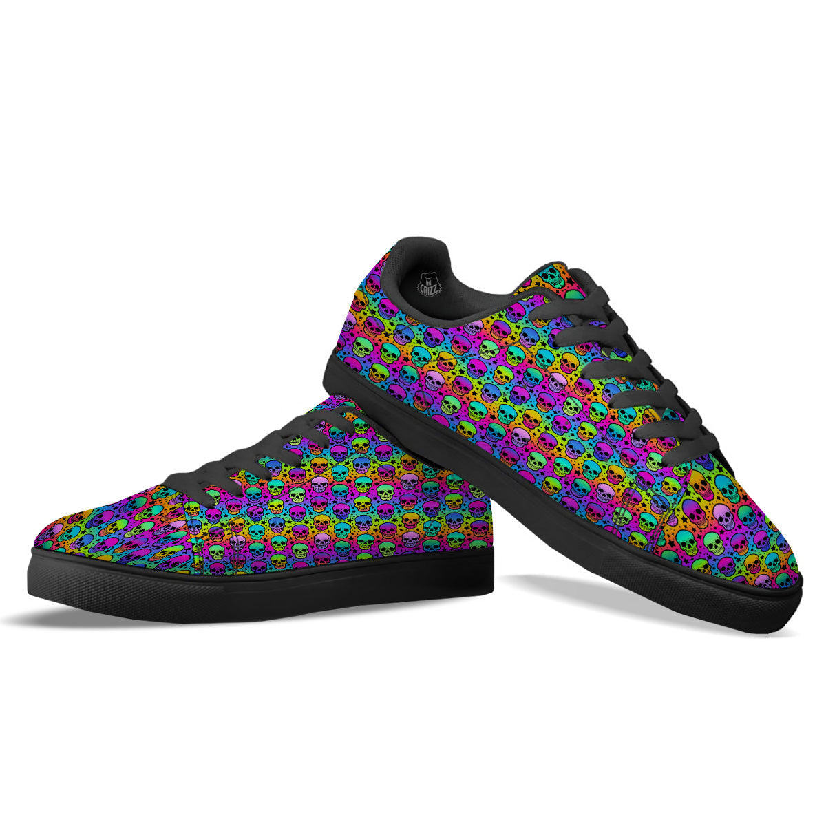 Neon Bright Human Skulls Print Pattern Black Low Top Sneakers-grizzshop