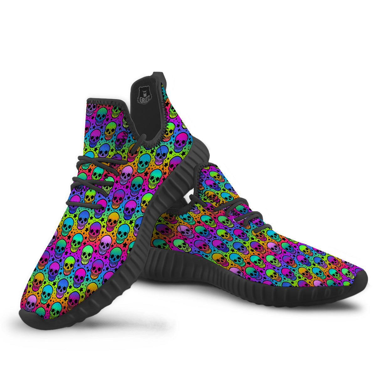 Neon Bright Human Skulls Print Pattern Black Walking Shoes-grizzshop