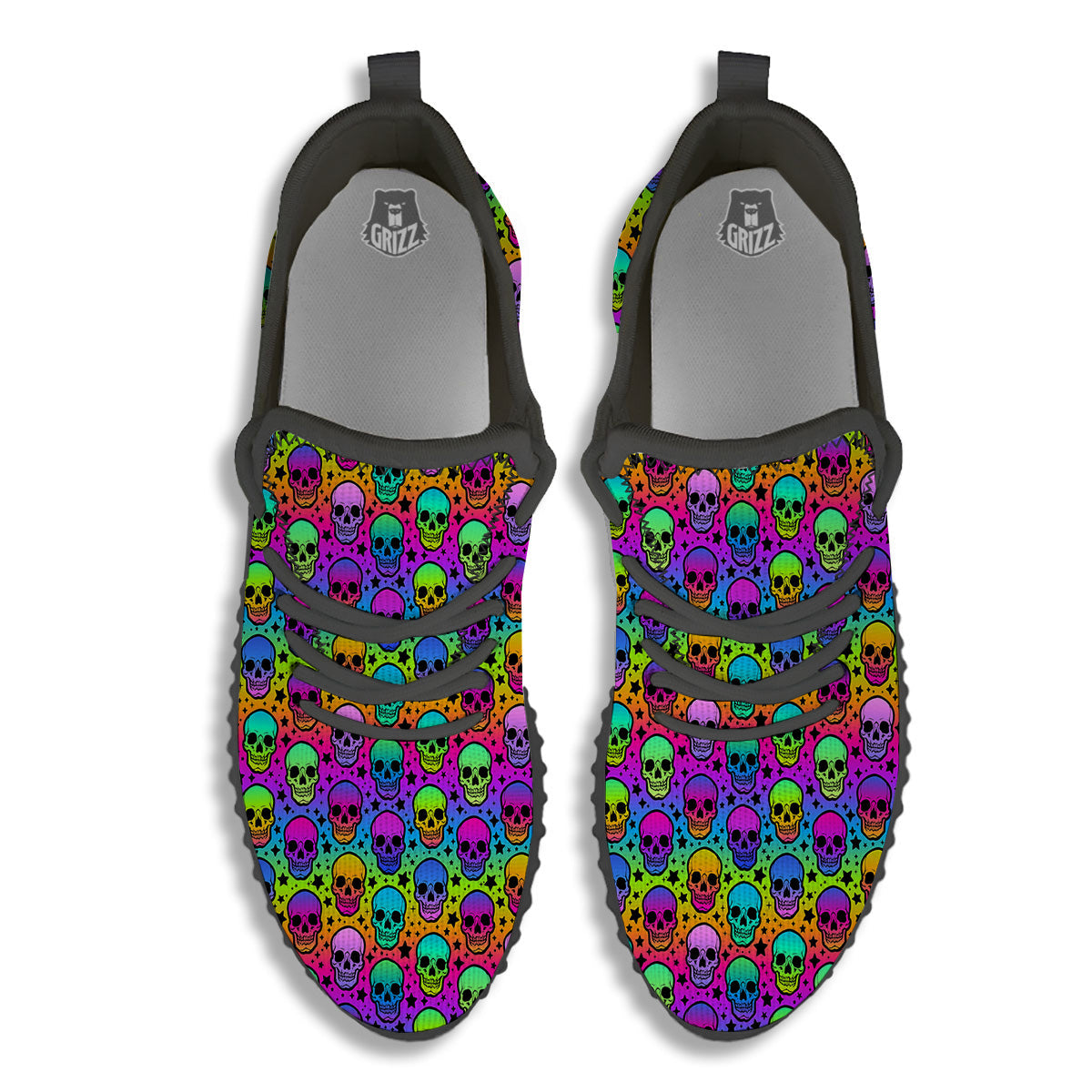 Neon Bright Human Skulls Print Pattern Black Walking Shoes-grizzshop