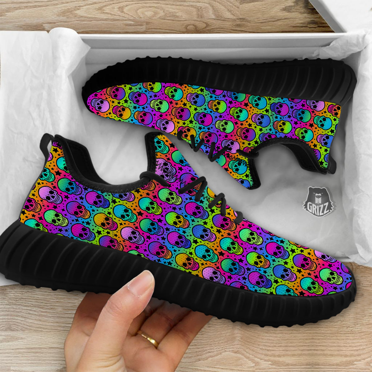 Neon Bright Human Skulls Print Pattern Black Walking Shoes-grizzshop
