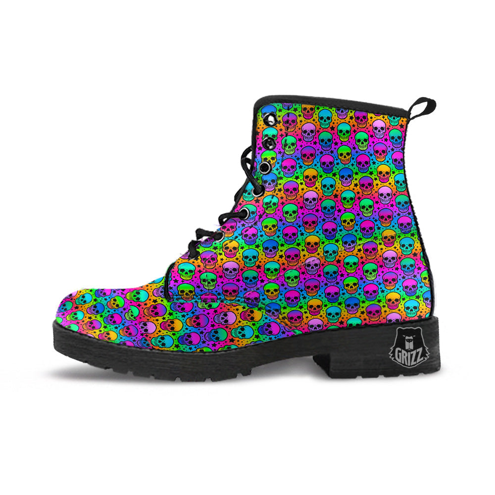Neon Bright Human Skulls Print Pattern Leather Boots-grizzshop