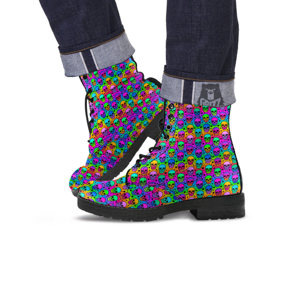 Neon Bright Human Skulls Print Pattern Leather Boots-grizzshop