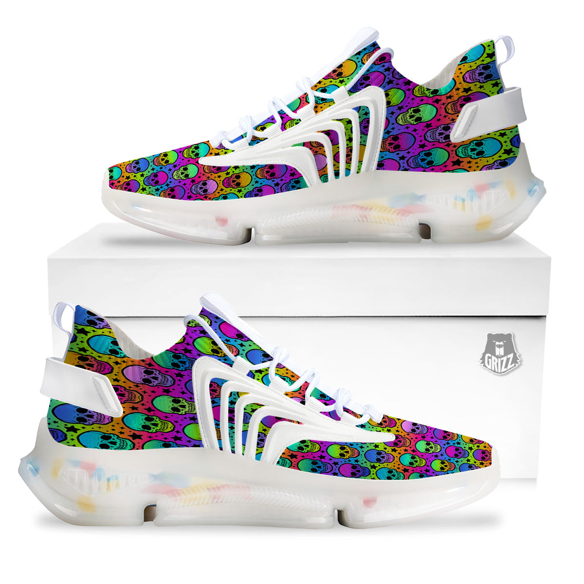 Neon Bright Human Skulls Print Pattern White Gym Shoes-grizzshop