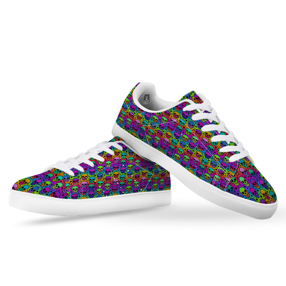 Neon Bright Human Skulls Print Pattern White Low Top Sneakers-grizzshop