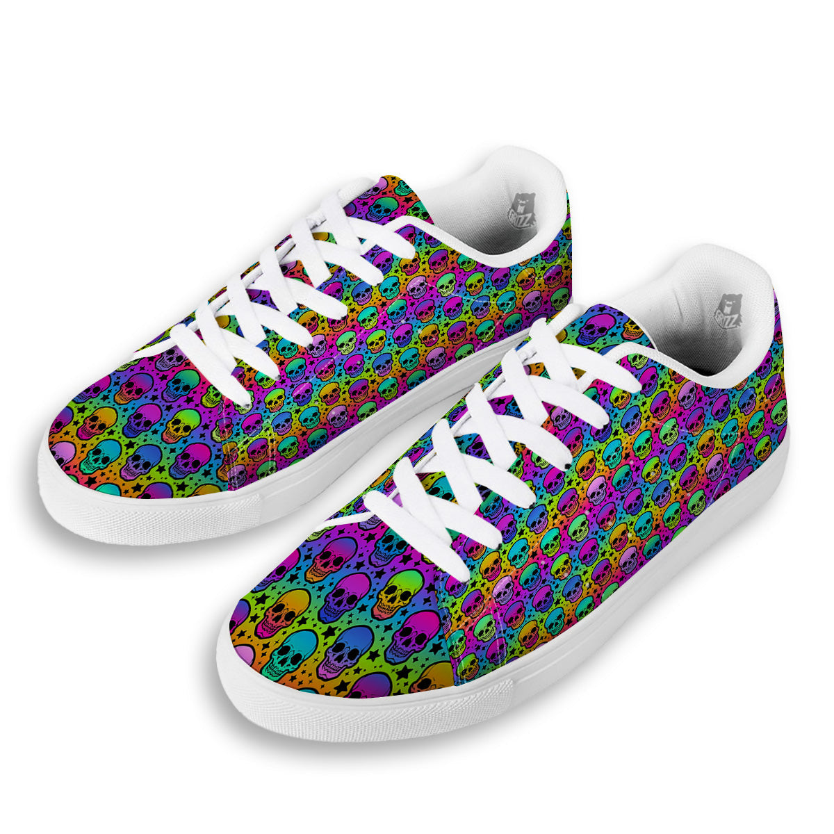 Neon Bright Human Skulls Print Pattern White Low Top Sneakers-grizzshop