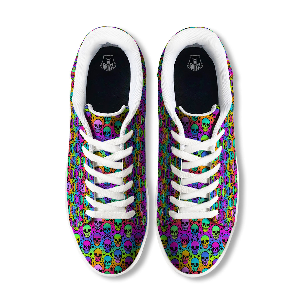 Neon Bright Human Skulls Print Pattern White Low Top Sneakers-grizzshop