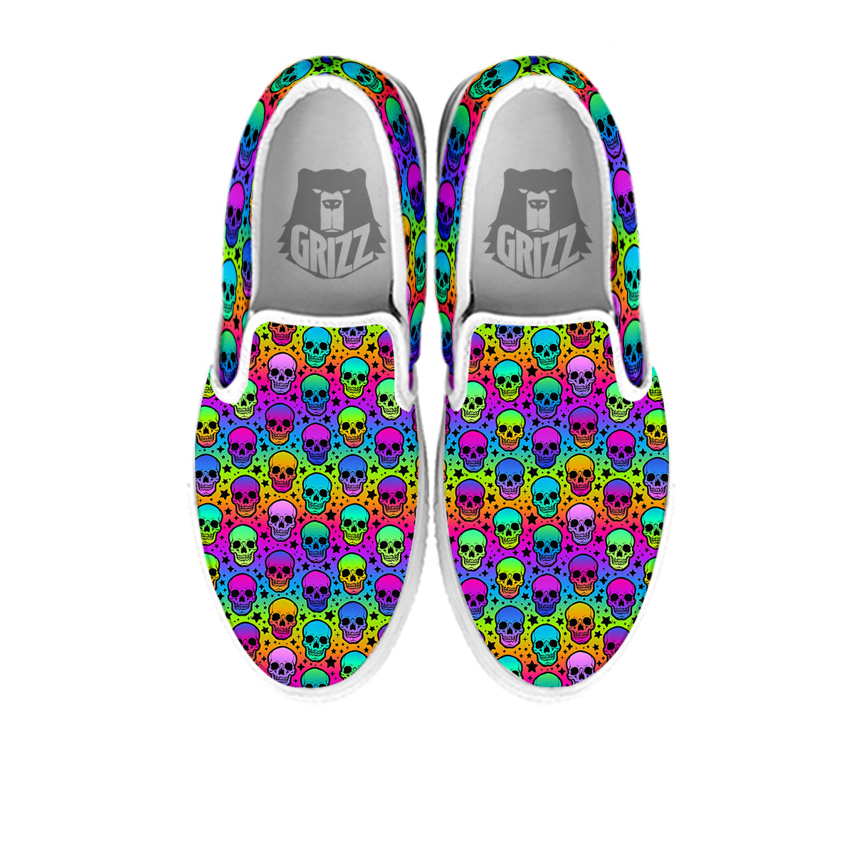Neon Bright Human Skulls Print Pattern White Slip On Shoes-grizzshop