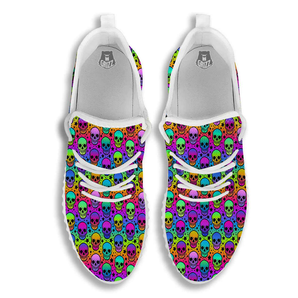 Neon Bright Human Skulls Print Pattern White Walking Shoes-grizzshop