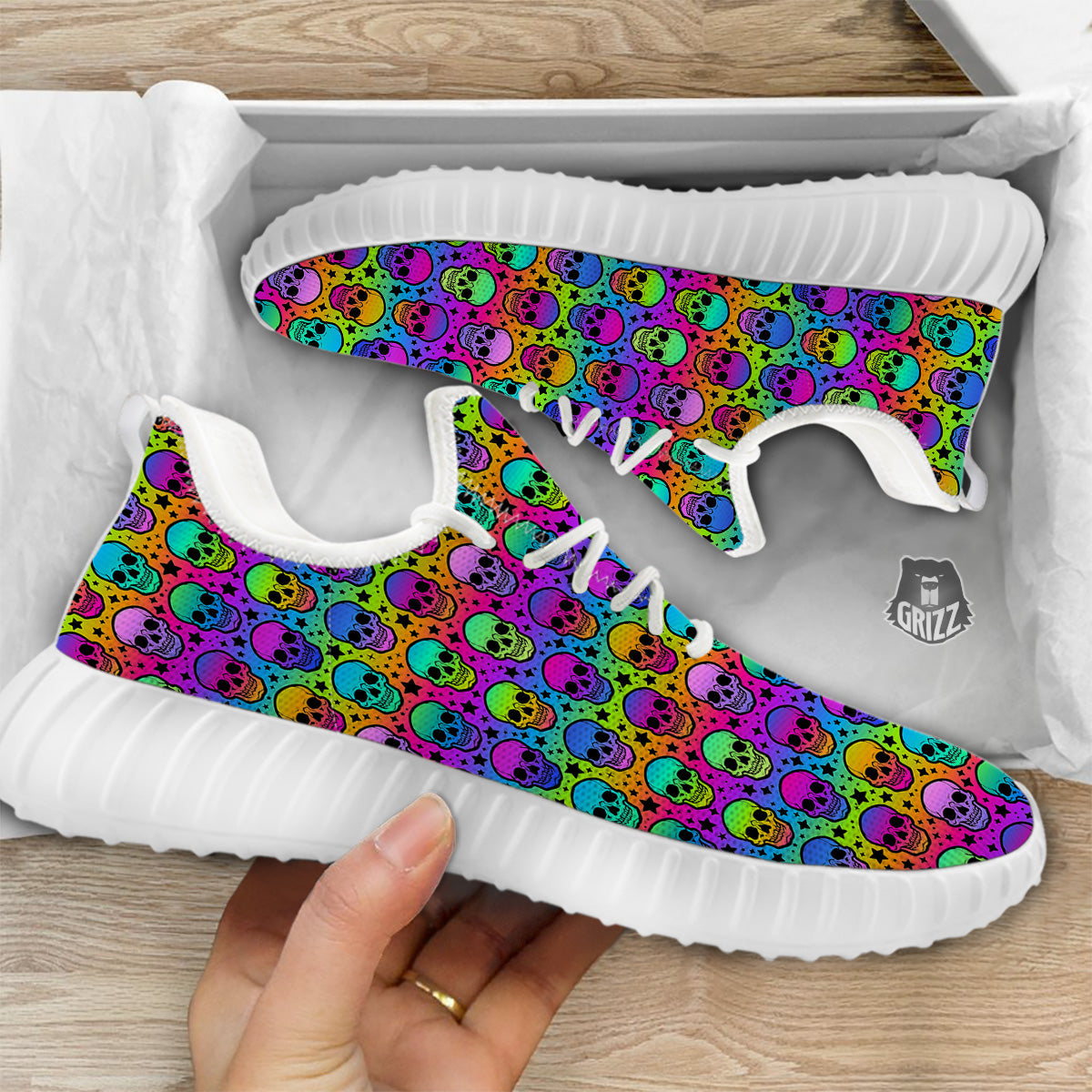 Neon Bright Human Skulls Print Pattern White Walking Shoes-grizzshop