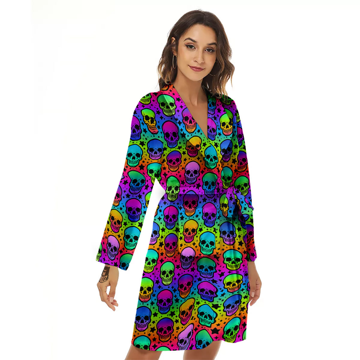 Neon Bright Human Skulls Print Pattern Women's Robe-grizzshop