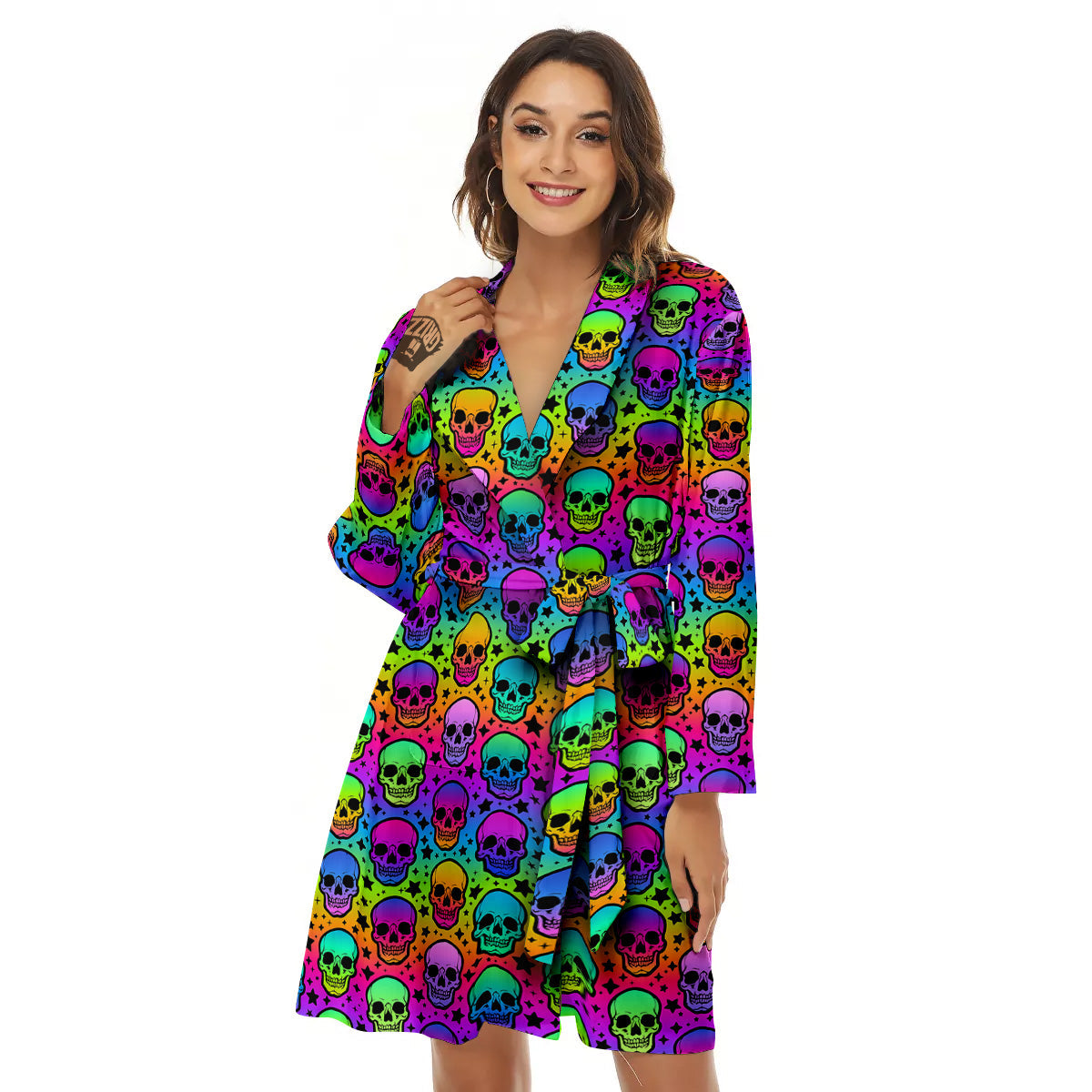 Neon Bright Human Skulls Print Pattern Women's Robe-grizzshop