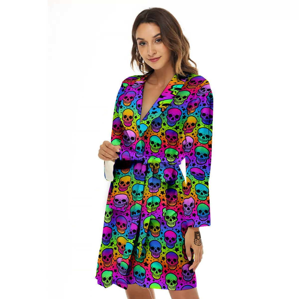 Neon Bright Human Skulls Print Pattern Women's Robe-grizzshop