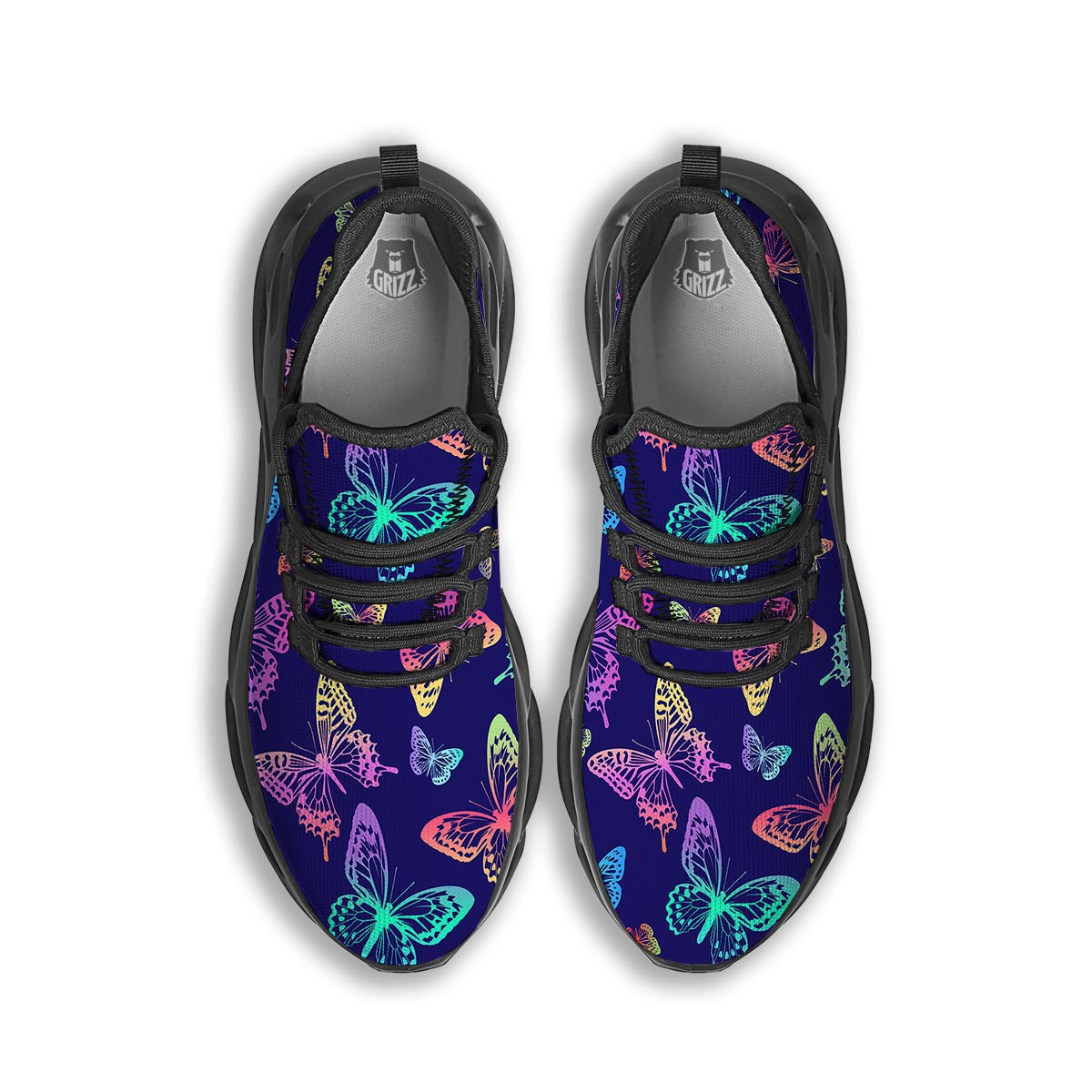 Neon Butterfly Print Black Running Shoes-grizzshop