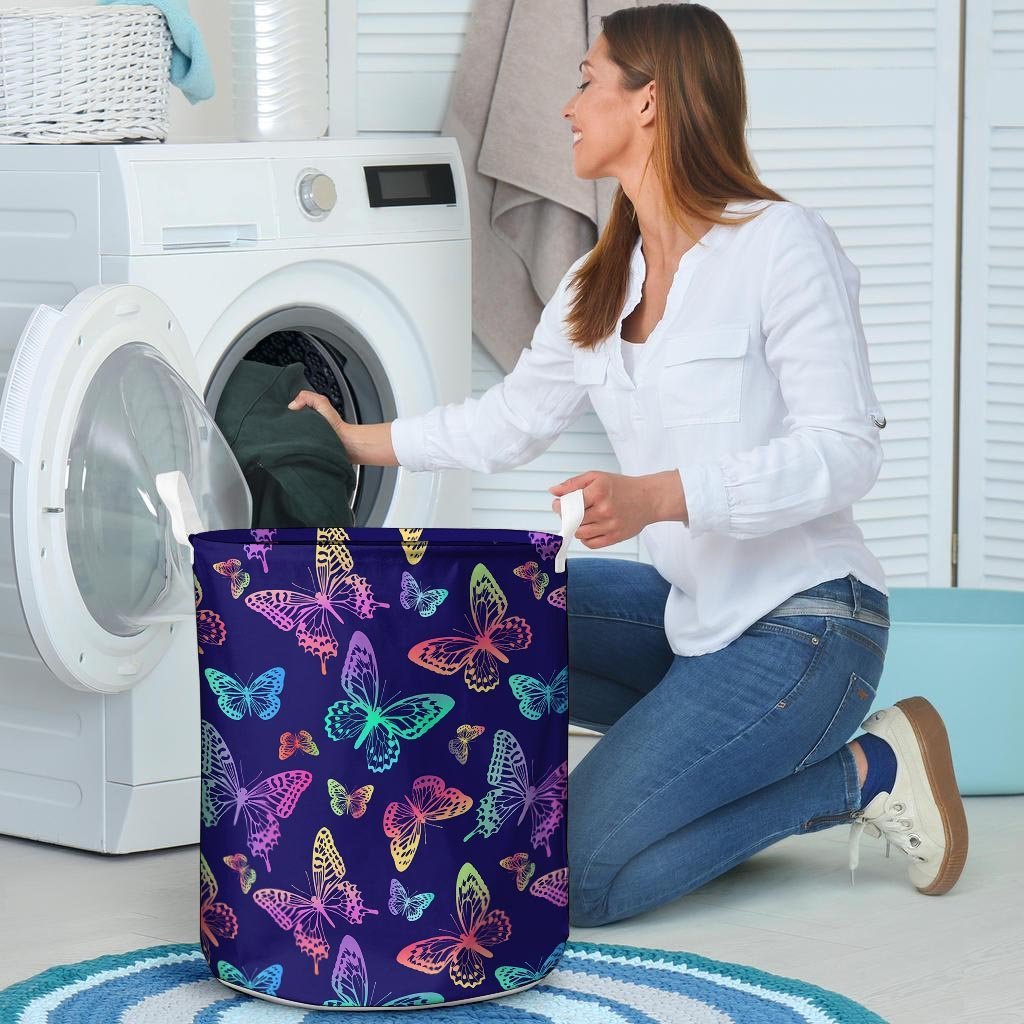 Neon Butterfly Print Laundry Basket-grizzshop