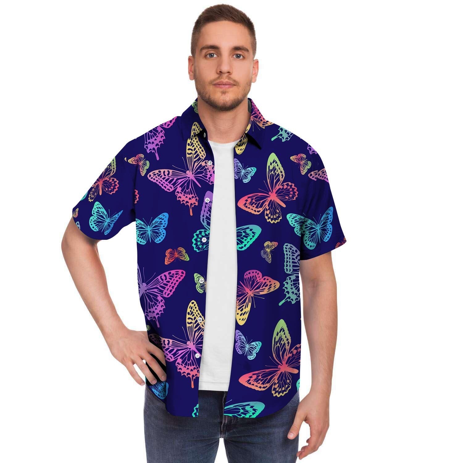 Neon Butterfly Print Men's Short Sleeve Shirt-grizzshop
