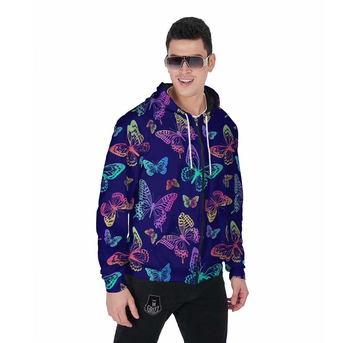 Neon Butterfly Print Men's Zip Up Hoodie-grizzshop