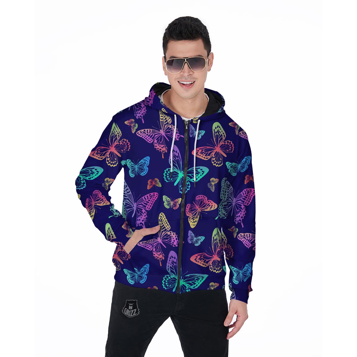 Neon Butterfly Print Men's Zip Up Hoodie-grizzshop