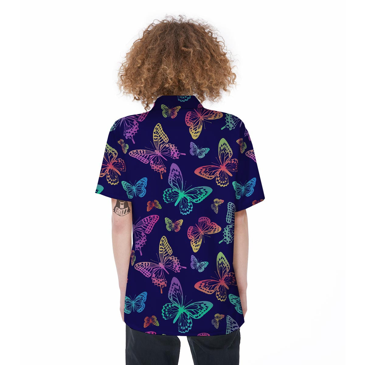 Neon Butterfly Print Women's Short Sleeve Shirts-grizzshop