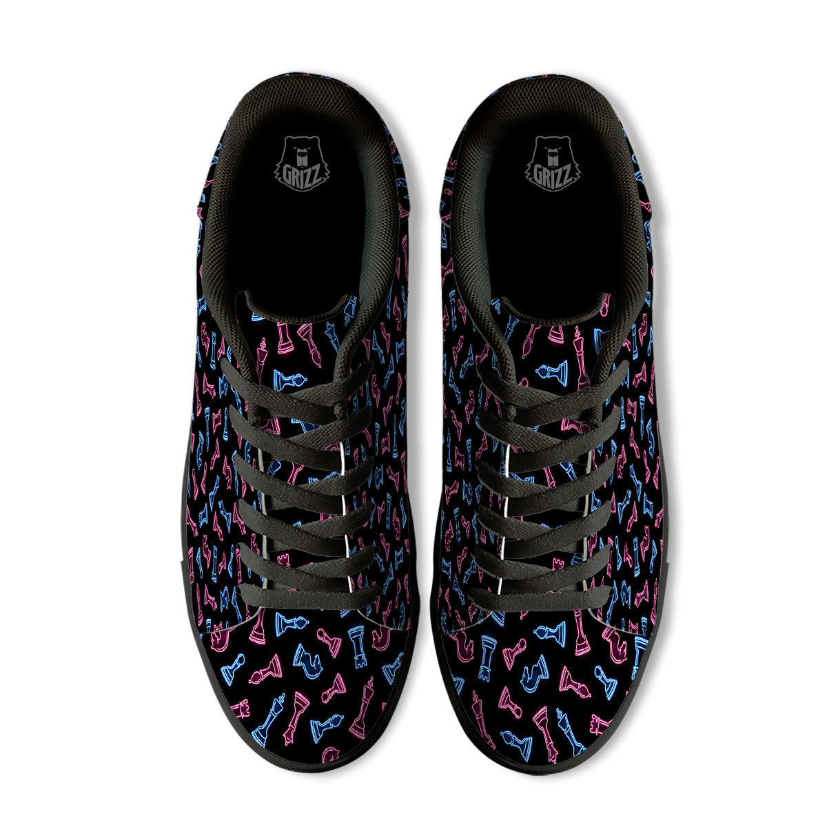 Neon Chess Pieces Print Pattern Black Low Top Sneakers-grizzshop