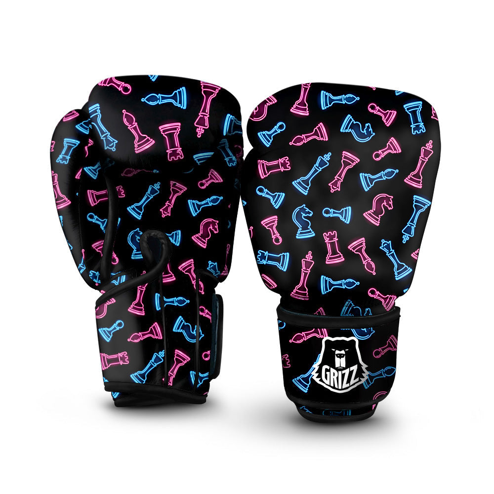 Neon Chess Pieces Print Pattern Boxing Gloves-grizzshop