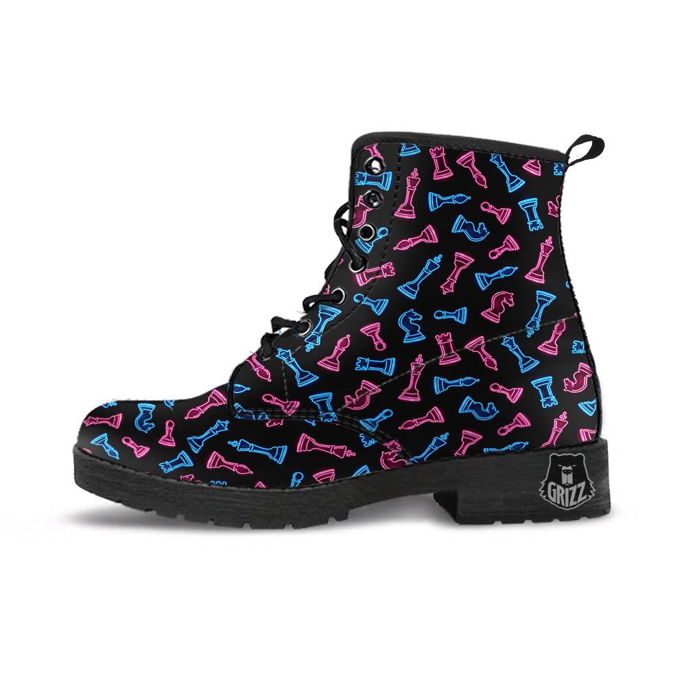 Neon Chess Pieces Print Pattern Leather Boots-grizzshop