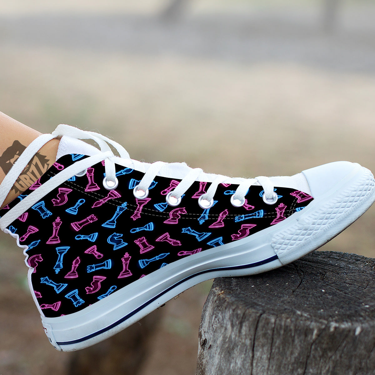 Neon Chess Pieces Print Pattern White High Top Shoes-grizzshop