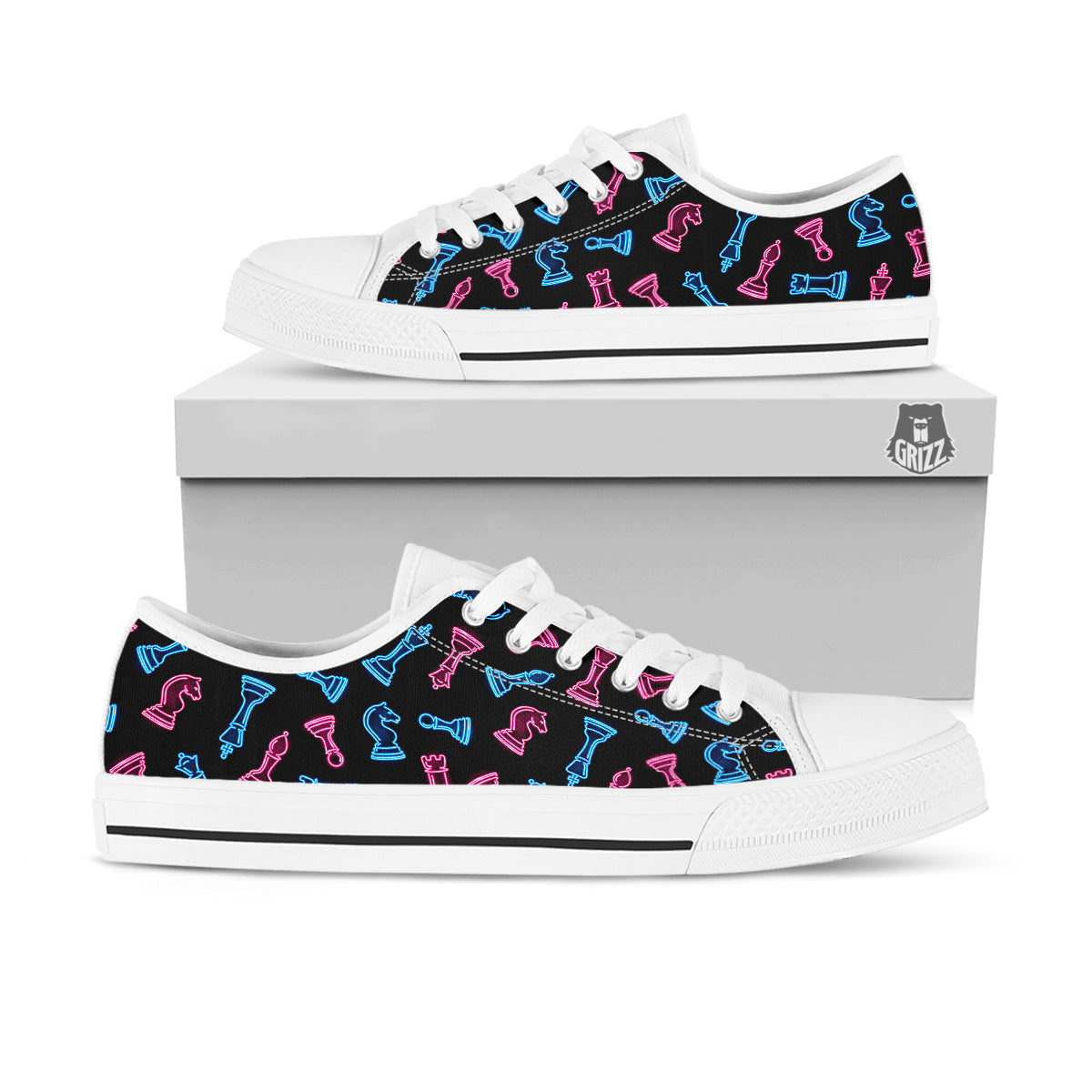 Neon Chess Pieces Print Pattern White Low Top Shoes-grizzshop