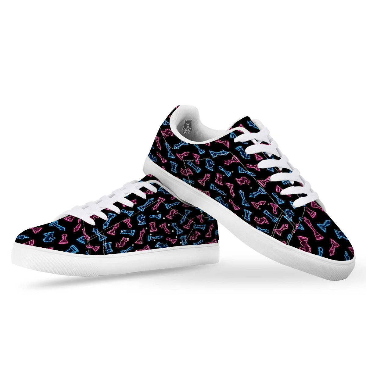Neon Chess Pieces Print Pattern White Low Top Sneakers-grizzshop