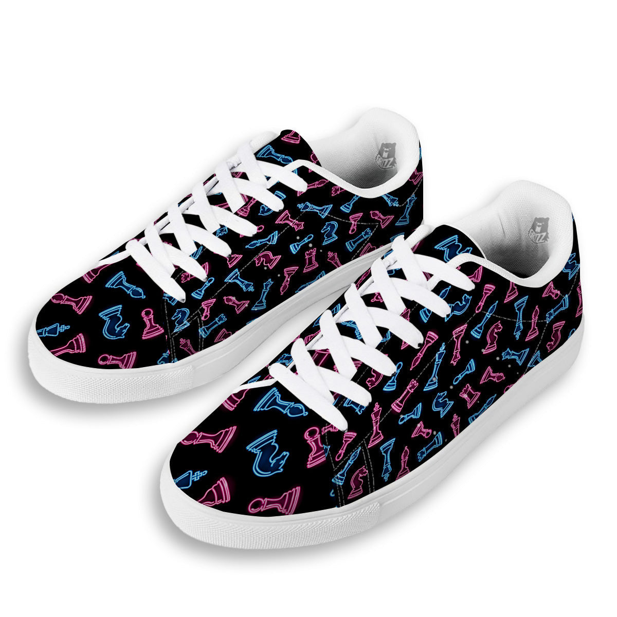 Neon Chess Pieces Print Pattern White Low Top Sneakers-grizzshop