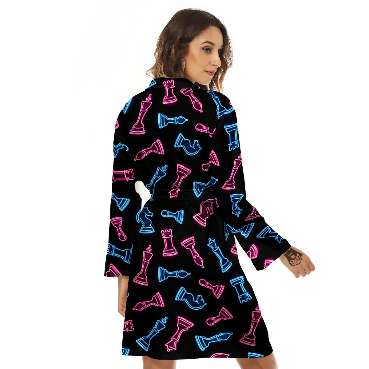Neon Chess Pieces Print Pattern Women's Robe-grizzshop
