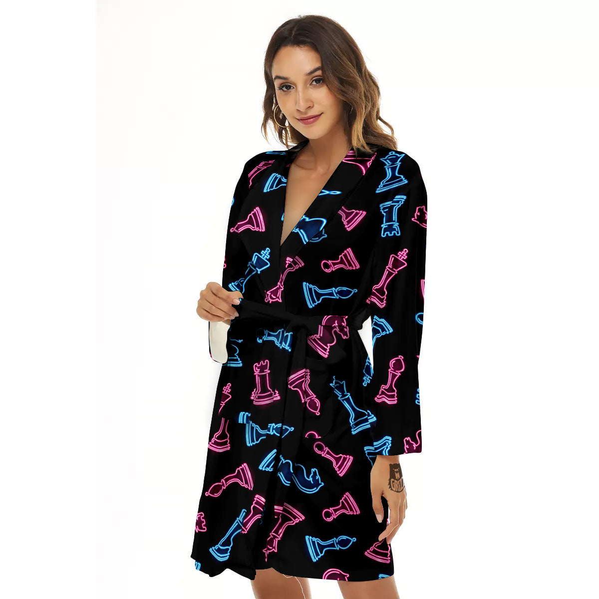 Neon Chess Pieces Print Pattern Women's Robe-grizzshop