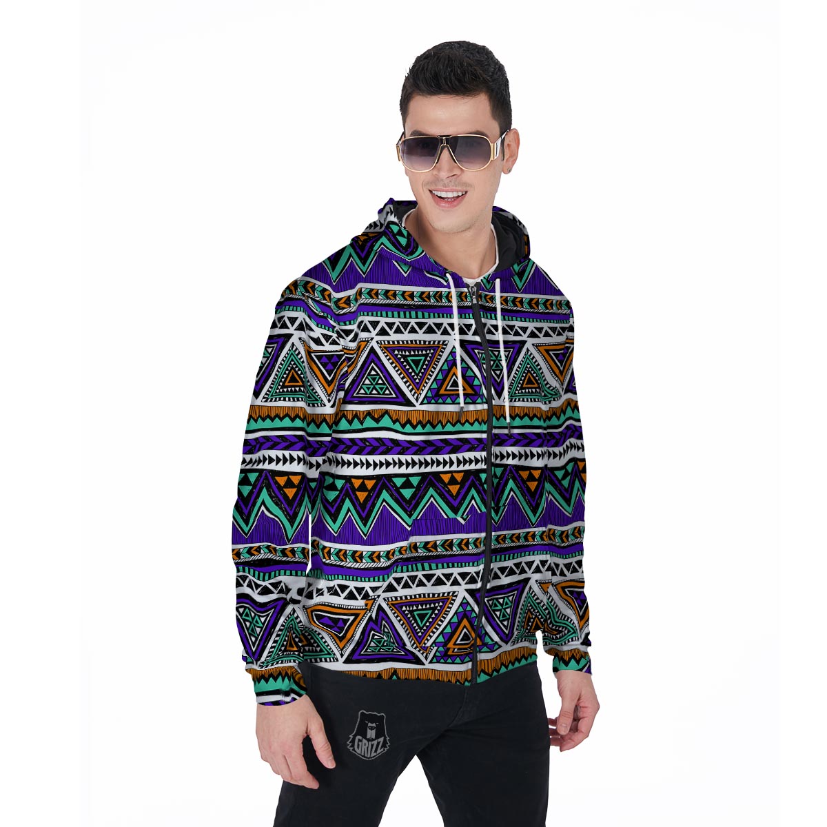 Neon Color Indian Aztec Doodle Men's Zip Up Hoodie-grizzshop