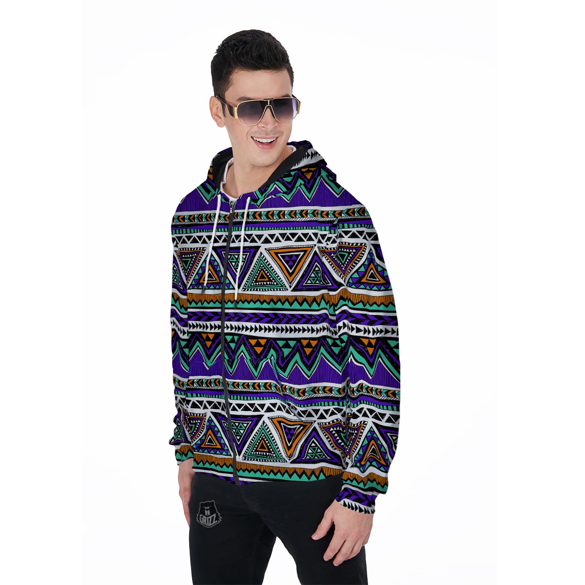 Neon Color Indian Aztec Doodle Men's Zip Up Hoodie-grizzshop