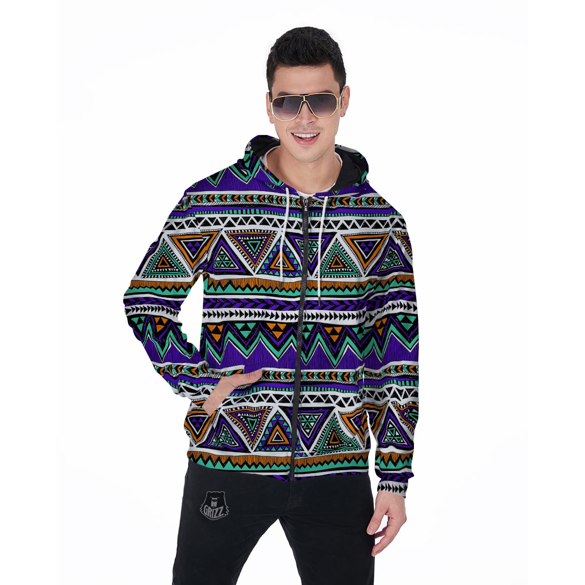 Neon Color Indian Aztec Doodle Men's Zip Up Hoodie-grizzshop