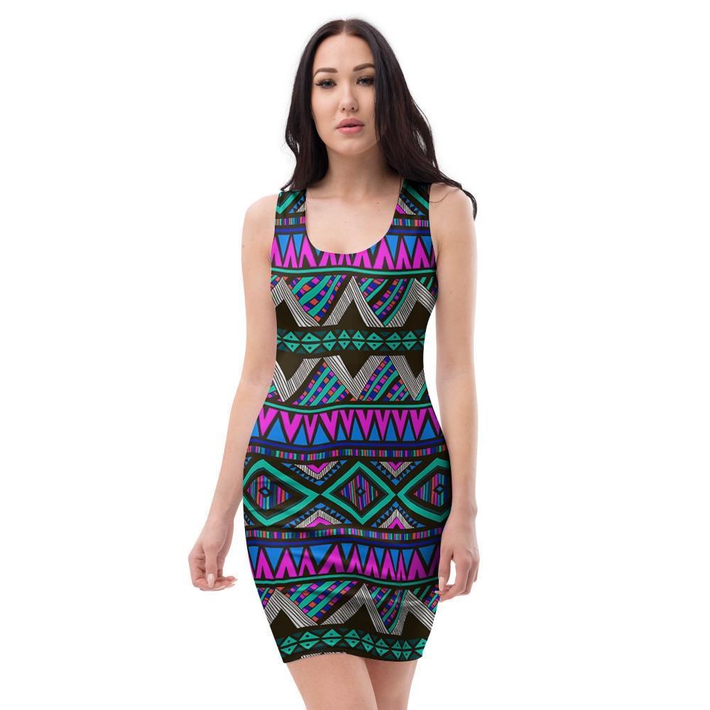 Neon Color Indian Aztec Trippy Bodycon Dress-grizzshop