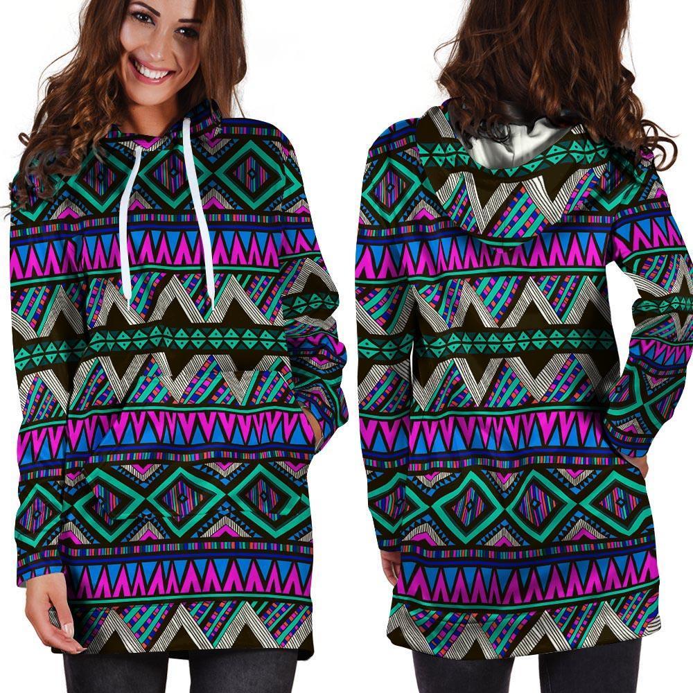 Neon Color Indian Aztec Trippy Hoodie Dress-grizzshop