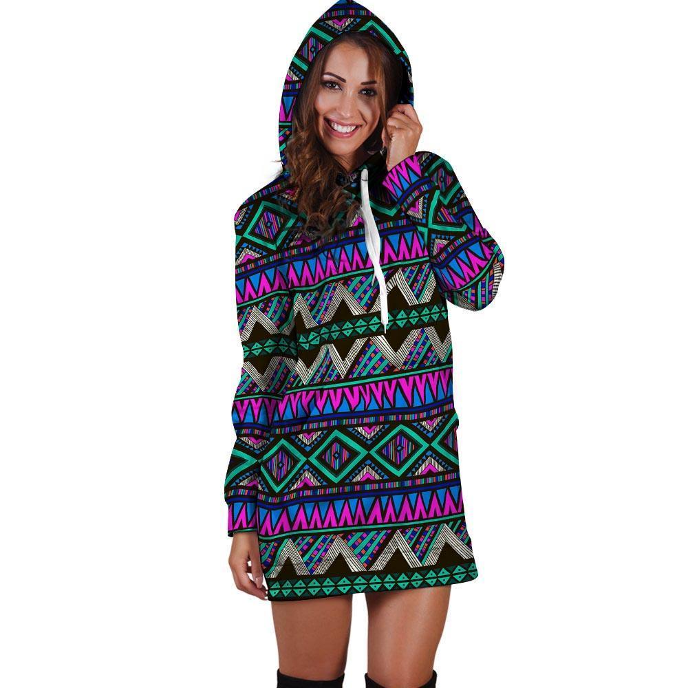 Neon Color Indian Aztec Trippy Hoodie Dress-grizzshop