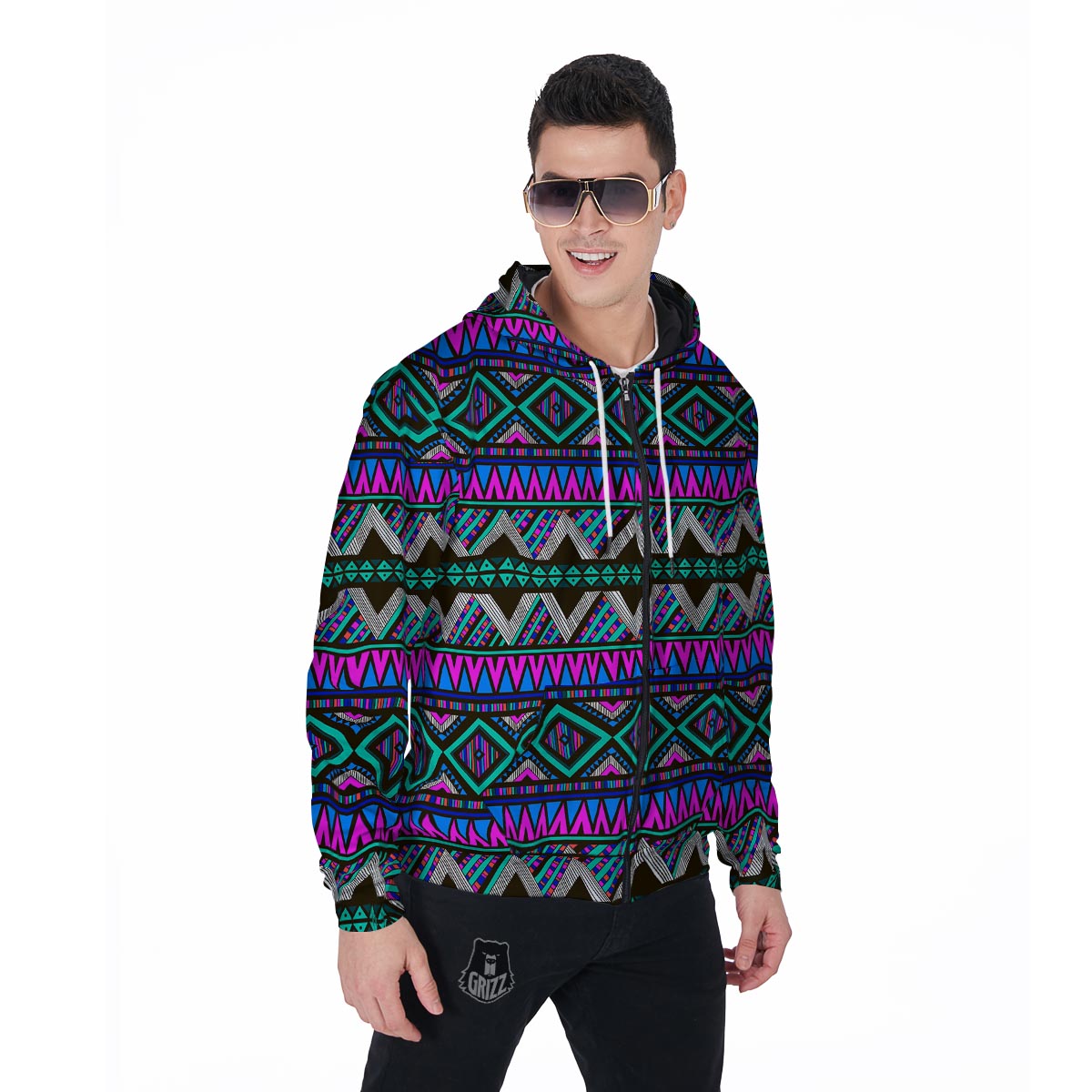 Neon Color Indian Aztec Trippy Men's Zip Up Hoodie-grizzshop