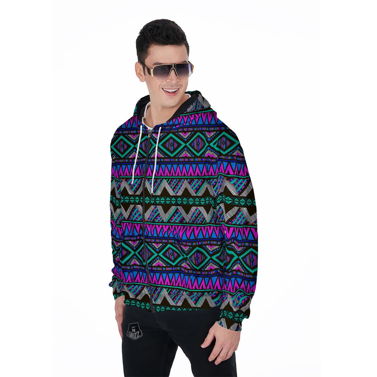 Neon Color Indian Aztec Trippy Men's Zip Up Hoodie-grizzshop