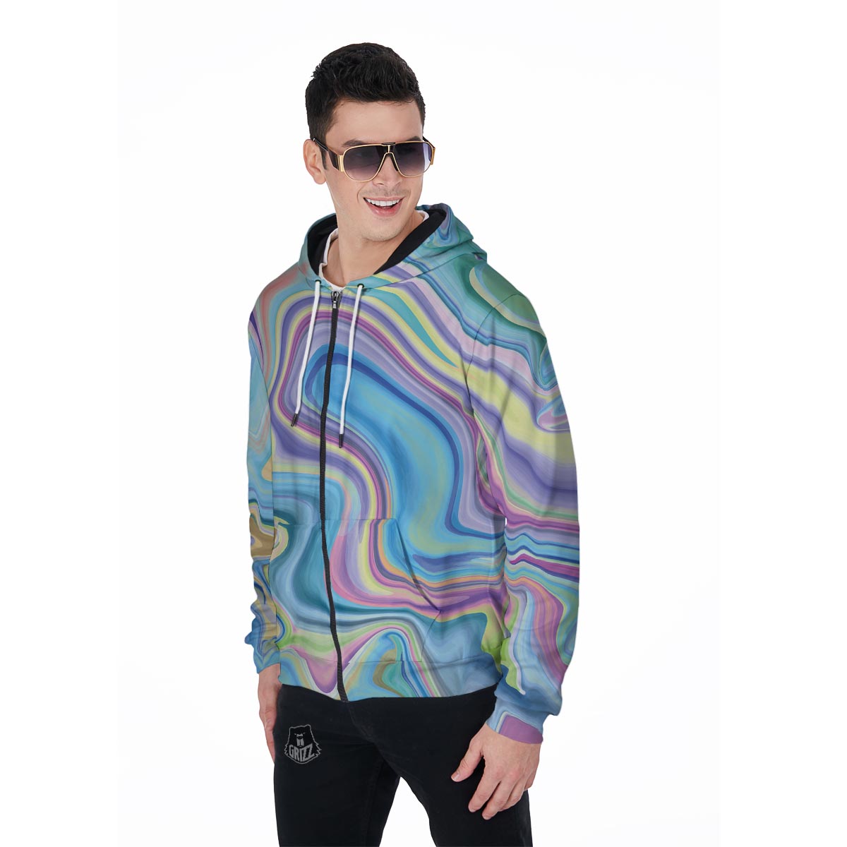 Neon Color Marble Men's Zip Up Hoodie-grizzshop