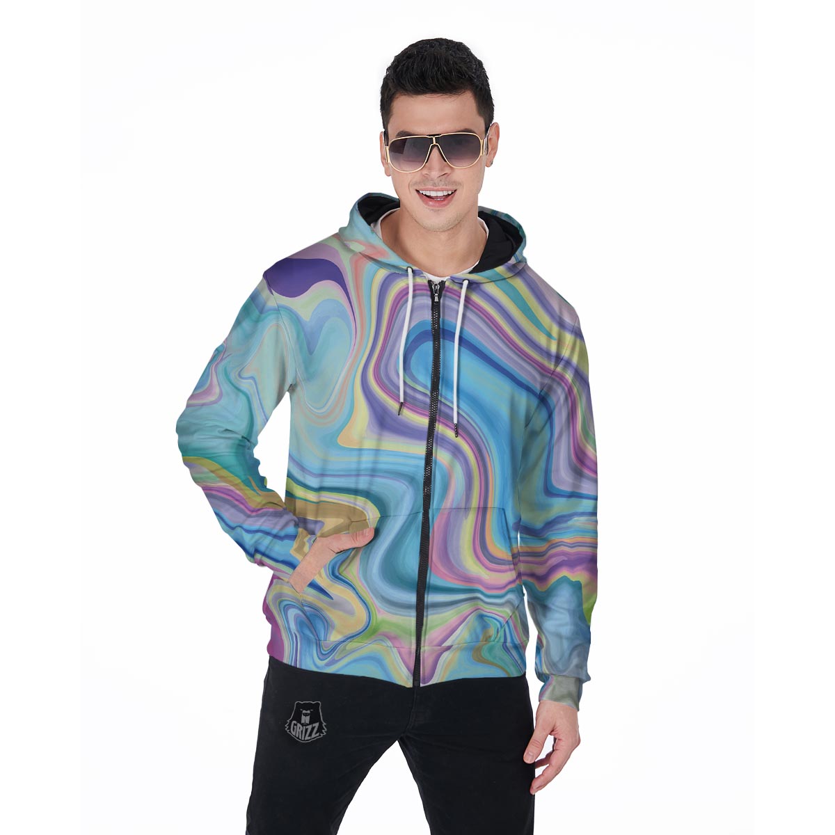 Neon Color Marble Men's Zip Up Hoodie-grizzshop