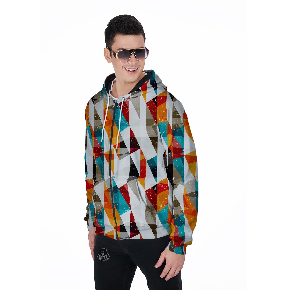 Neon Geometric Men's Zip Up Hoodie-grizzshop