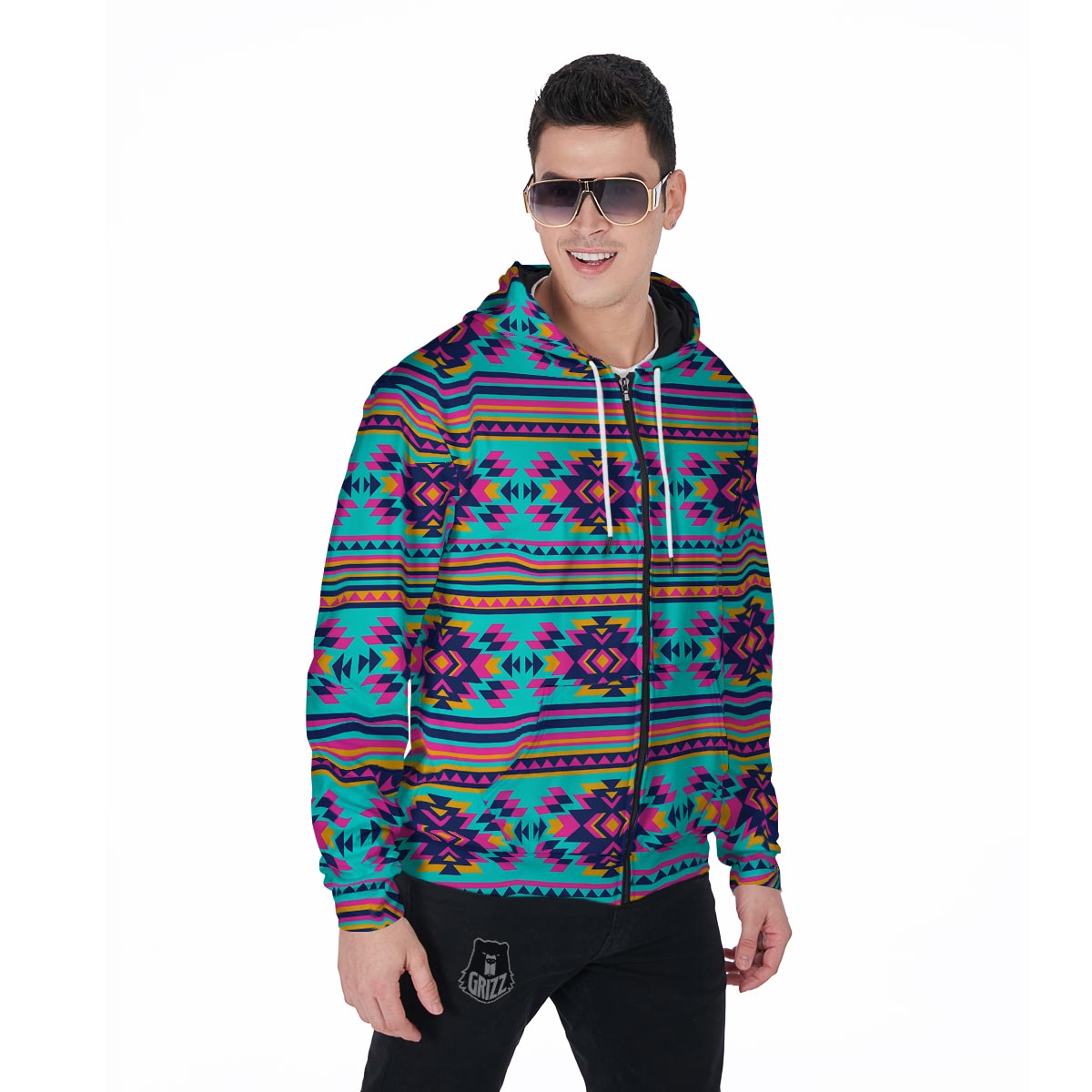 Neon Indian Aztec Abstract Art Print Men's Zip Up Hoodie-grizzshop