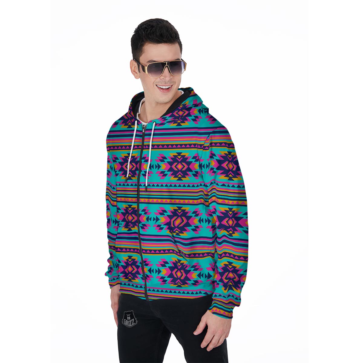 Neon Indian Aztec Abstract Art Print Men's Zip Up Hoodie-grizzshop