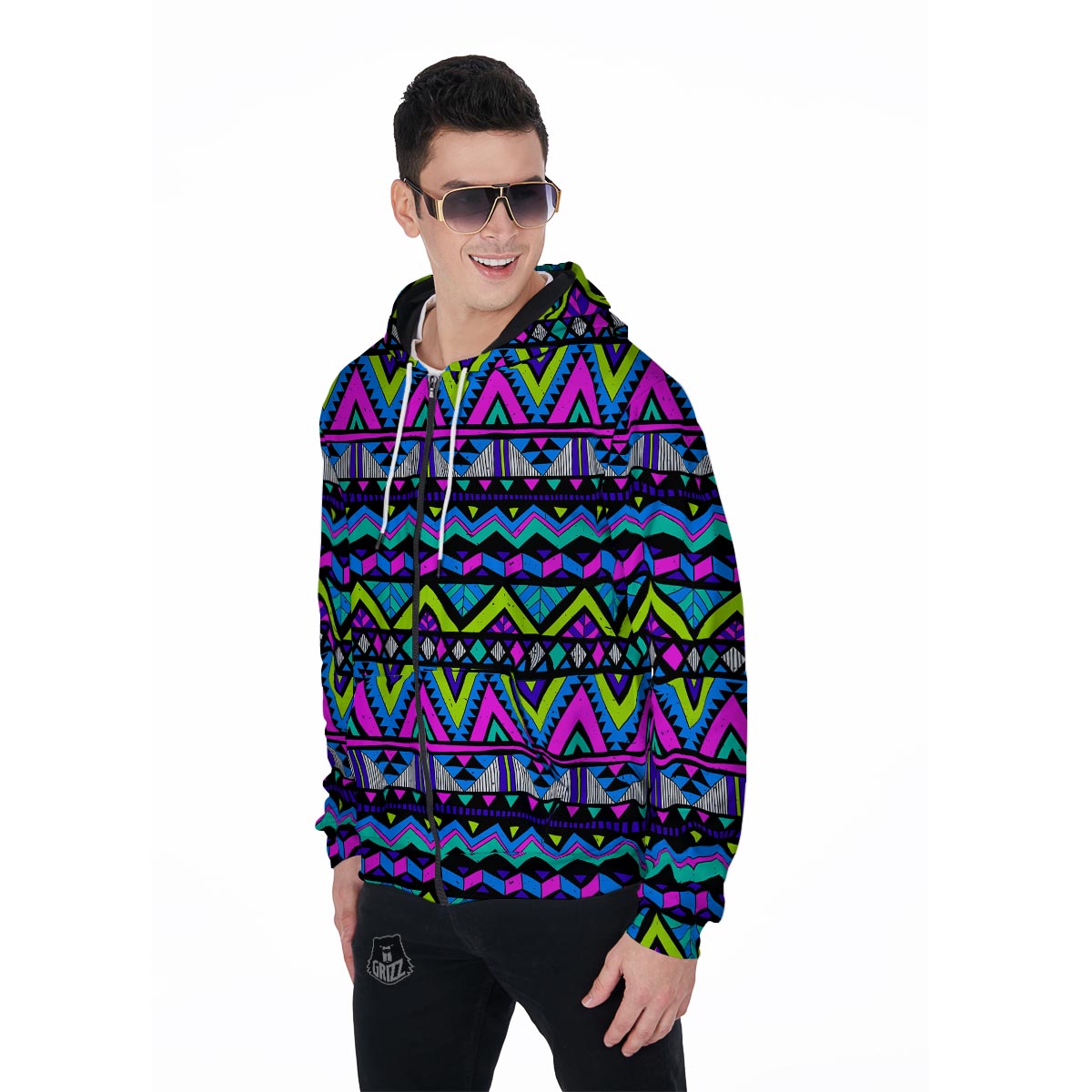 Neon Indian Aztec Doodle Men's Zip Up Hoodie-grizzshop