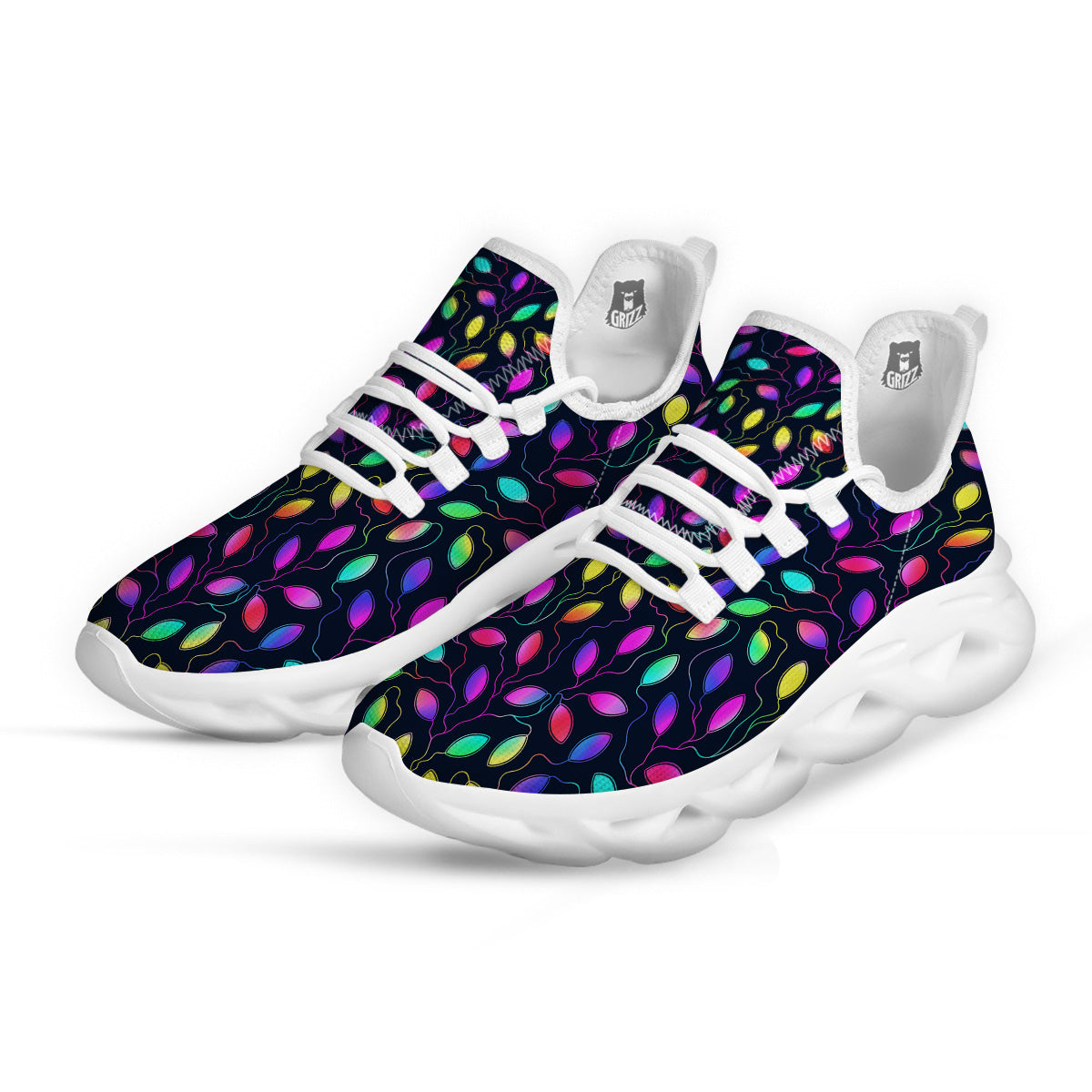 Neon Leaf Print Pattern White Running Shoes-grizzshop