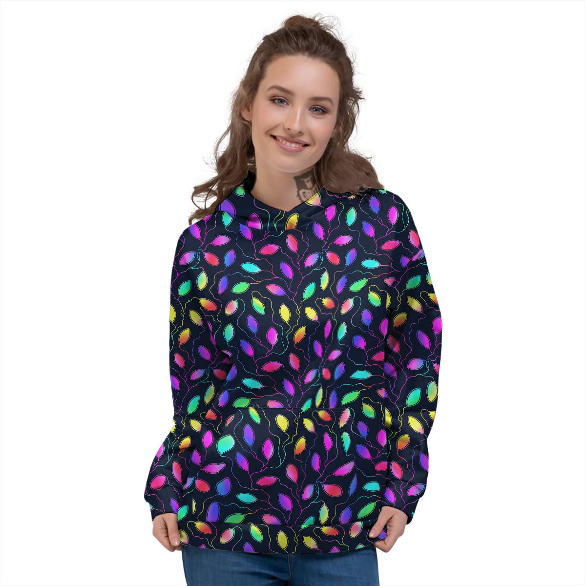 Neon Leaf Print Pattern Women's Hoodie-grizzshop