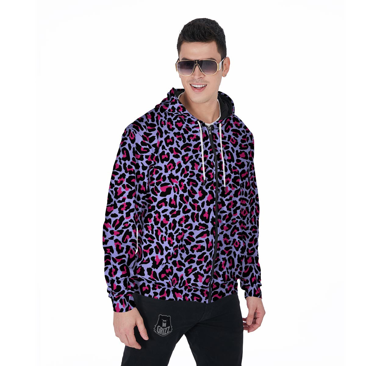 Neon Leopard Men's Zip Up Hoodie-grizzshop