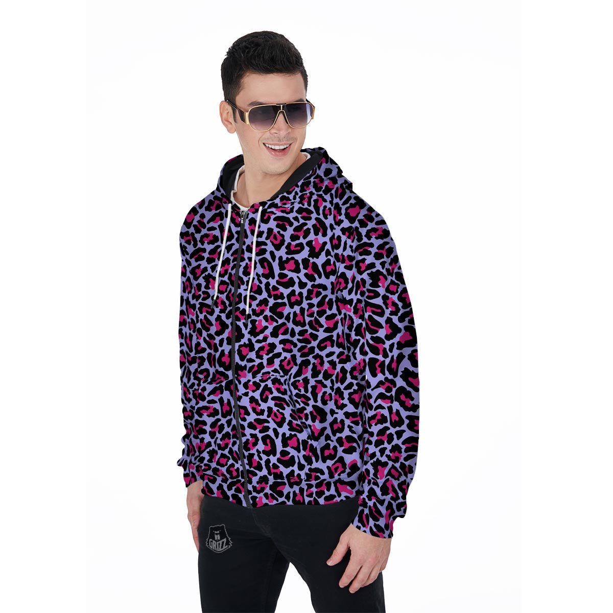 Neon Leopard Men's Zip Up Hoodie-grizzshop