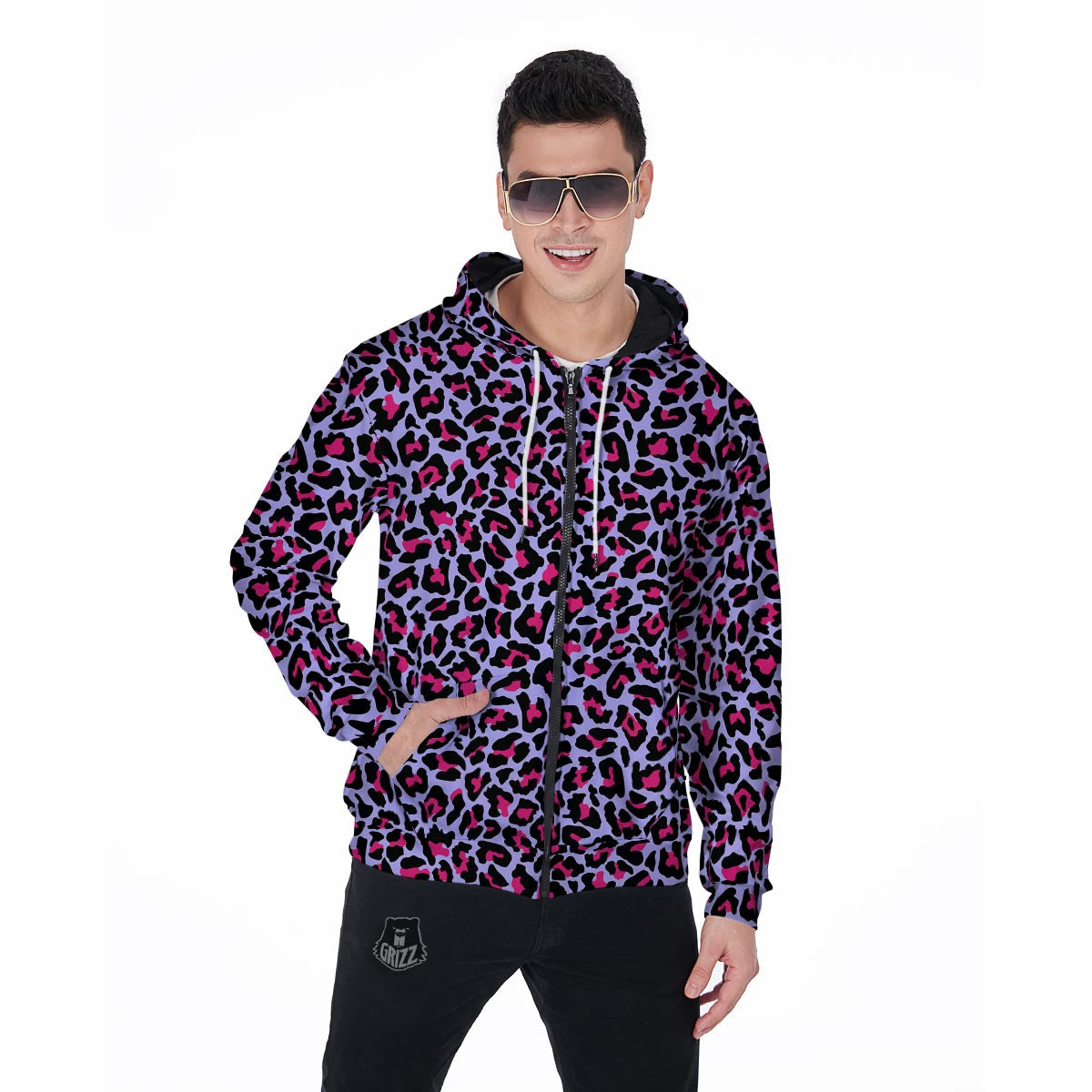 Neon Leopard Men's Zip Up Hoodie-grizzshop